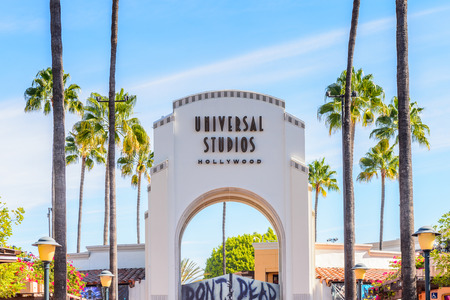 LOS ANGELES, USA - SEP 27, 2015: Entrance into the Universal Studios Hollywood Park. Universal Pictures company was created on June 10, 1912のeditorial素材