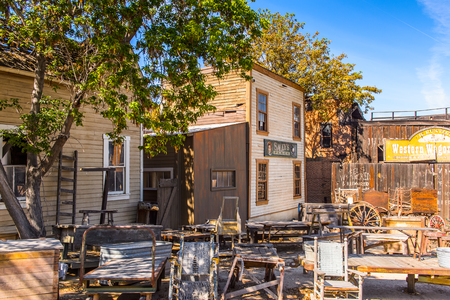 LOS ANGELES, USA - SEP 27, 2015: Old West houses for westerns at the Hollywood Universal Studios. Universal Pictures company was created on June 10, 1912のeditorial素材