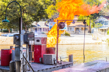 LOS ANGELES, USA - SEP 27, 2015: Fire at the Jaws film decoration  at the Hollywood Universal Studios. Jaws is a 1975 American film directed by Steven Spielbergのeditorial素材