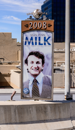 LOS ANGELES, USA - SEP 27, 2015: Sean Penn, Milk film poster at the Hollywood Universal Studios. Universal Pictures company was created on June 10, 1912のeditorial素材