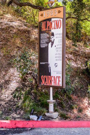 LOS ANGELES, USA - SEP 27, 2015: Al Pacino Scarface film poster at the Hollywood Universal Studios. Universal Pictures company was created on June 10, 1912のeditorial素材