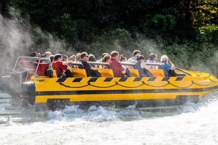 LOS ANGELES, USA - SEP 27, 2015: Water attraction in the Jurassic Park area in the Universal Studios Hollywood Park. Jurassic Park is a 1993 American adventure film  by Steven Spielbergのeditorial素材