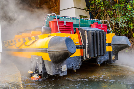 LOS ANGELES, USA - SEP 27, 2015: Decoration at Jurassic Park area in the Universal Studios Hollywood Park. Jurassic Park is a 1993 American adventure film  by Steven Spielbergのeditorial素材
