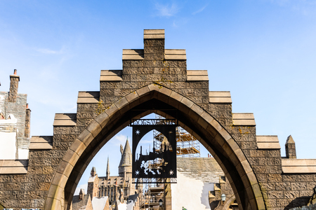 LOS ANGELES, USA - SEP 27, 2015: Hogwarts castle at the Harry Potter section at the Universal Studios Hollywood Park. Universal Pictures company was created on June 10, 1912のeditorial素材