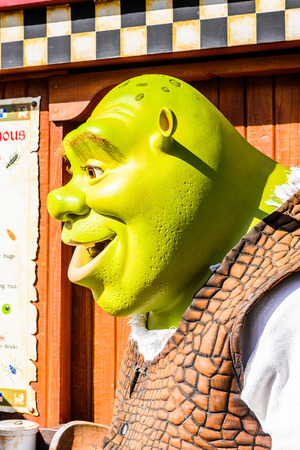 LOS ANGELES, USA - SEP 27, 2015: Shrek in  the Shrek area in the Universal Studios Hollywood Park. Shrek is a 2001 animated film produced released by DreamWorks Picturesのeditorial素材