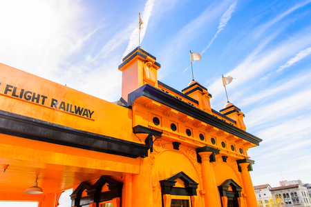 LOS ANGELES - SEP 28, 2015: Funicular station at the Downtown of Los Angeles, California. Downtown Los Angeles is the central business district of Los Angeles, Californiaのeditorial素材