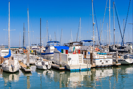 SAN FRANCISCO, USA - OCT 5, 2015: Yacht boats at Pier 39 of San Francisco. Pier 39 is a shopping...
