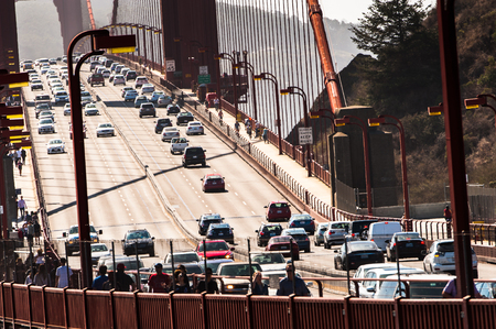 SAN FRANCISCO, USA - OCT 4, 2015: Traffic on the Golden Gate Bridge, 4.8 km long suspension bridge   between San Francisco Bay and the Pacific Ocean, San Francisco, USAのeditorial素材