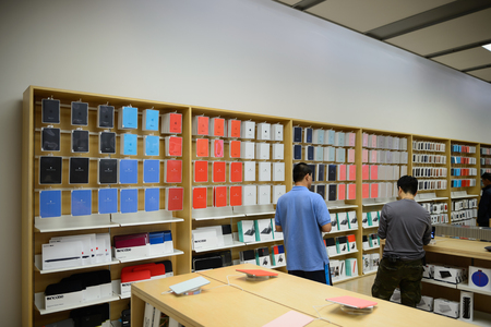 SAN FRANCISCO, USA - OCT 5, 2015: Unidentified people in Apple store in San Francisco. Apple Inc. is...