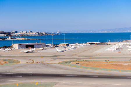 SAN FRANCISCO, USA - OCT 6, 2015: Aerial view of the San Francisco International Airport (SFO). SFO is the main airport in San Francisco, Californiaのeditorial素材