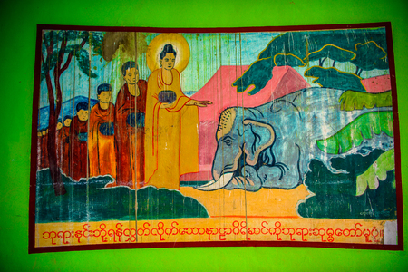 MONYWA, MYANMAR - AUG 27, 2016: Buddha statues at the Maha Bodhi Ta Htaung, a famous Buddhist region and monastery, Monywa Township, Sagaing Area, Myanmar (Burma)のeditorial素材