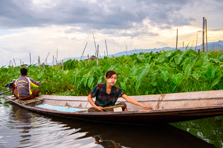 INLE LAKE, MYANMAR - AUG 30, 2016: Unidentified Burmese girl in bamboo boat sails over the Inle Sap,a freshwater lake located in the Nyaungshwe Township of Taunggyi District of Shan State, Myanmarのeditorial素材
