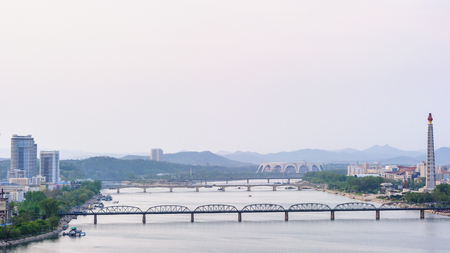 PYONGYANG, NORTH KOREA - MAY 1, 2012: Panorama of Pyongyang, North Korea.  It's the capital of North Korea and translates as the "Flat Land" or "Peaceful Land"のeditorial素材