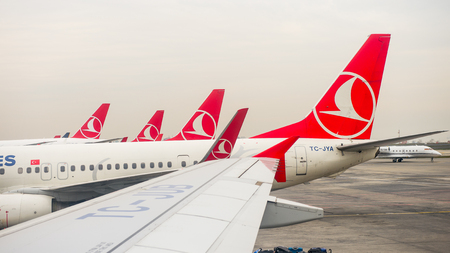 ISTANBUL, TURKEY - MAR 23, 2015: Turkish Airlines aircraft parked in the Istanbul Ataturk Airport, the 17th busiest airport in the world.のeditorial素材
