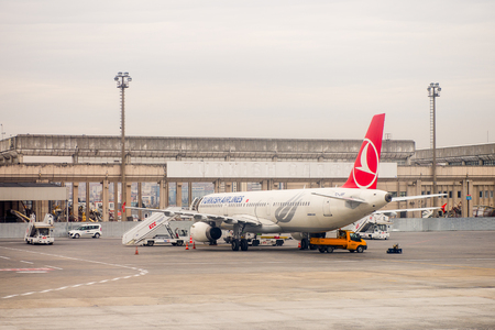 ISTANBUL, TURKEY - MAR 23, 2015: Turkish Airlines aircraft parked in the Istanbul Ataturk Airport, the 17th busiest airport in the world.のeditorial素材