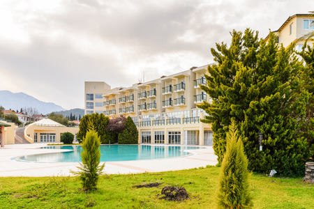 KEMER, TURKEY - APR 15, 2015: Swimming pool in the Touristic hotel in Kemer, Turkey. Kemer is a popular touristic destination on the Mediterranean sea coastのeditorial素材