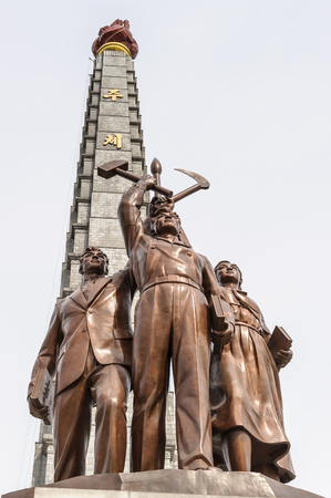 PYONGYANG, NORTH KOREA - MAY 1, 2012: Juche Tower (Tower of the Juche Idea) is a monument named after the ideology of Juche introduced by Kim Il-Sung in Pyongyang, North Korea.のeditorial素材