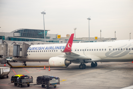 ISTANBUL, TURKEY - MAR 23, 2015: Turkish Airlines aircraft parked in the Istanbul Ataturk Airport, the 17th busiest airport in the world.のeditorial素材