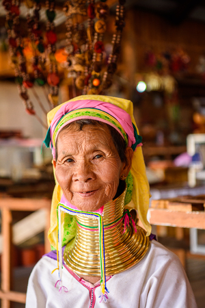 INLE LAKE, MYANMAR - AUG 30, 2016: Unidentified Burmese woman sells local jewerly, Inle lake. 68 per cent of Myanma people belong to Bamar ethnic groupのeditorial素材