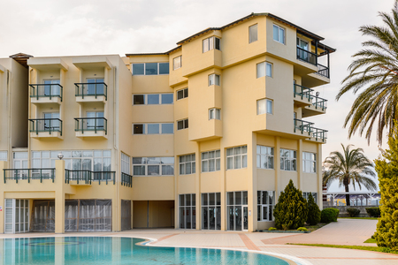 KEMER, TURKEY - APR 15, 2015: Swimming pool in the Touristic hotel in Kemer, Turkey. Kemer is a popular touristic destination on the Mediterranean sea coastのeditorial素材