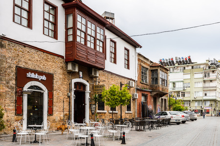 ANTALYA, TURKEY - APR 19, 2015: Hotels and shops in the Historic part of Antalya (Kaleici), Turkey. Old town of Antalya is a popular destination among  touristsのeditorial素材