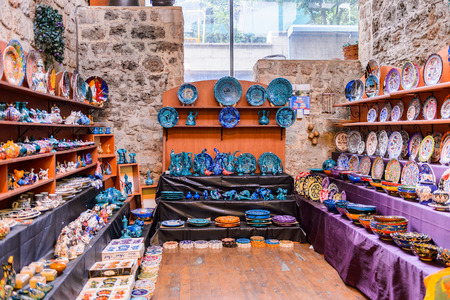 ANTALYA, TURKEY - APR 19, 2015: Plates in a Souvenir shop in the Old Town of Antalya, Turkey....