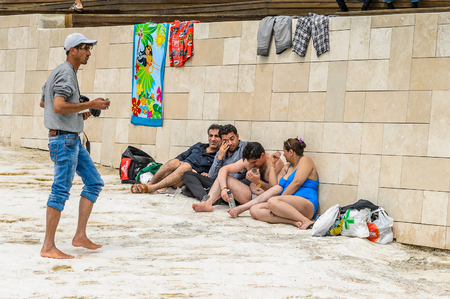 PAMUKKALE, TURKEY - APR 18, 2015: Unidentified tourists on the travertines of Pamukkale, Turkey. It's a UNESCO World Heritage siteのeditorial素材