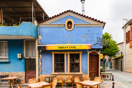 ANTALYA, TURKEY - APR 19, 2015: Insaat cafe in the Historic part of Antalya (Kaleici), Turkey. Old town of Antalya is a popular destination among  touristsのeditorial素材