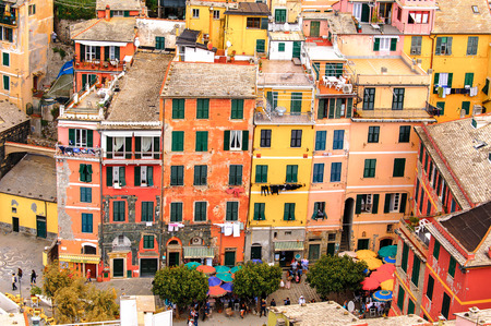 VERNAZZA, ITALY - MAY 5, 2016: Aerieal view of Vernazza (Vulnetia), a small town in province of La Spezia, Liguria, Italy. It's one of the lands of Cinque Terre, UNESCO World Heritage Siteのeditorial素材
