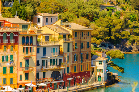PORTOFINO, ITALY - MAY 4, 2016: Beautiful view of Portofino, an Italian fishing village, Genoa province, Italy. A vacation resort with a picturesque harbour and with celebrity and artistic visitors.のeditorial素材