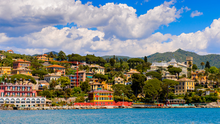 SANTA MARGHERITA LIGURE, ITALY - MAY 4, 2015: Panoramic view of  Santa Margherita Ligure, which is popular touristic destination in summerのeditorial素材