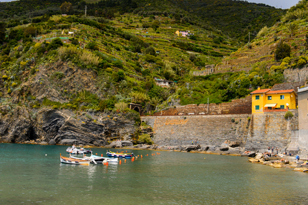 VERNAZZA, ITALY - MAY 5, 2016: Beautiful view of Vernazza (Vulnetia), a small town in province of La Spezia, Liguria, Italy. It's one of the lands of Cinque Terre, UNESCO World Heritage Sitのeditorial素材