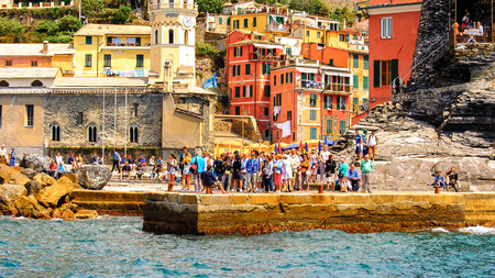 VERNAZZA, ITALY - MAY 5, 2016: Port of Vernazza (Vulnetia), a small town in province of La Spezia, Liguria, Italy. It's one of the lands of Cinque Terre, UNESCO World Heritage Siteのeditorial素材