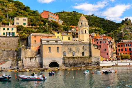 VERNAZZA, ITALY - MAY 5, 2016: Beautiful riviera of Vernazza (Vulnetia), a small town in province of La Spezia, Liguria, Italy. It's one of the lands of Cinque Terre, UNESCO World Heritage Sitのeditorial素材
