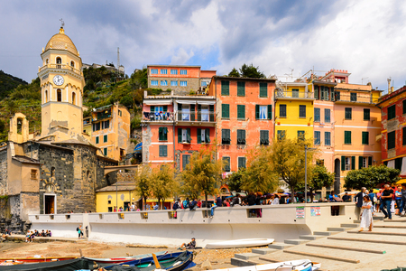 VERNAZZA, ITALY - MAY 5, 2016: Church of Santa Margherita d'Antiochia of Vernazza (Vulnetia), Italy. It's one of the lands of Cinque Terre, UNESCO World Heritage Sitのeditorial素材