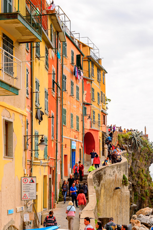 RIOMAGGIORE, ITALY - MAY 5, 2016: Riomaggiore (Rimazuu), a village in province of La Spezia, Liguria, Italy. Cinque Terre, UNESCO World Heritage Siteのeditorial素材