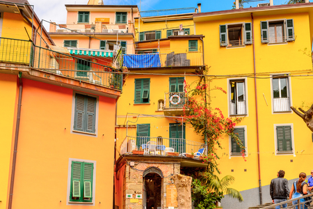 RIOMAGGIORE, ITALY - MAY 5, 2016: Riomaggiore (Rimazuu), a village in province of La Spezia, Liguria, Italy. Cinque Terre, UNESCO World Heritage Siteのeditorial素材