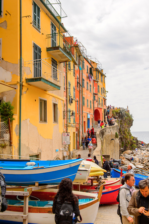 RIOMAGGIORE, ITALY - MAY 5, 2016: Riomaggiore (Rimazuu), a village in province of La Spezia, Liguria, Italy. Cinque Terre, UNESCO World Heritage Siteのeditorial素材