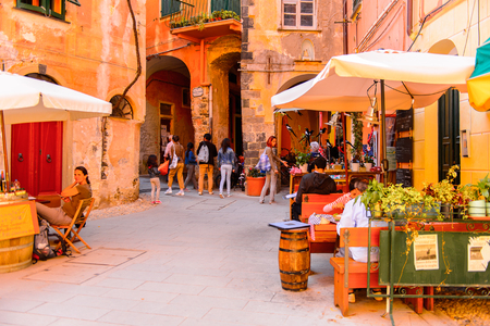 MONTEROSSO, ITALY - MAY 5, 2016: Restaurants of Monterosso al Mare, a small town in province of La Spezia, Liguria, Italy. It's one of the lands of Cinque Terre, UNESCO World Heritage Siteのeditorial素材