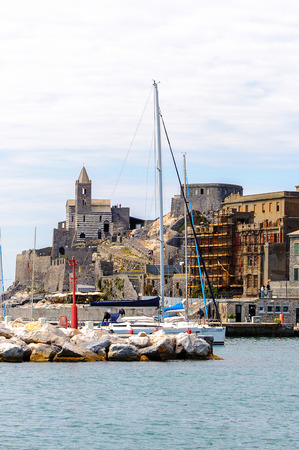 PORTO VENERE, ITALY - MAY 5, 2016: Architecture of Porto Venere, Italy. Porto Venere and the villages of Cinque Terre are the UNESCO World Heritage Site.のeditorial素材