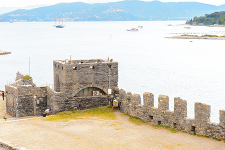PORTO VENERE, ITALY - MAY 5, 2016: Church of St. Peter in Porto Venere, Italy. P Venere and the villages of Cinque Terre are the UNESCO World Heritage Site.のeditorial素材