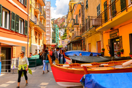MANAROLA, ITALY - MAY 5, 2016: Main street and its architecture of Manarola (Manaea),  La Spezia, Liguria, Italy. It's one of the lands of Cinque Terre, UNESCO World Heritage Siteのeditorial素材