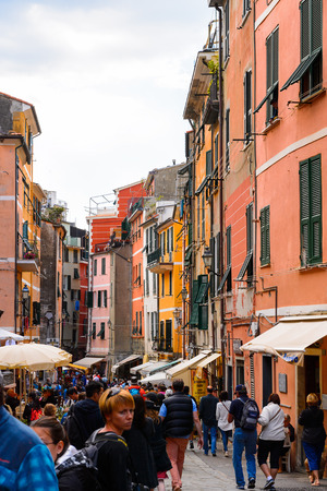 VERNAZZA, ITALY - MAY 5, 2016: Colourful architecture of Vernazza (Vulnetia), a small town in province of La Spezia, Liguria, Italy. It's one of the lands of Cinque Terre, UNESCO World Heritage Sitのeditorial素材