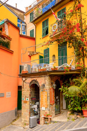 RIOMAGGIORE, ITALY - MAY 5, 2016: House in Riomaggiore (Rimazuu), a village in province of La Spezia, Liguria, Italy. Cinque Terre, UNESCO World Heritage Siteのeditorial素材