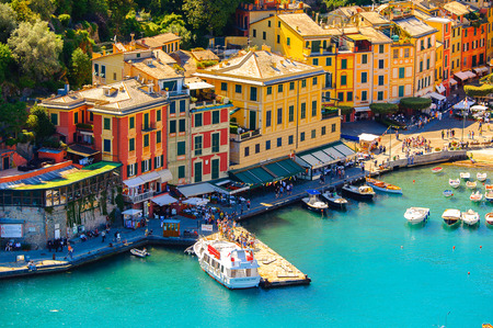 PORTOFINO, ITALY - MAY 4, 2016: Aerial panorama of Portofino, an Italian fishing village, Genoa province, Italy. A vacation resort with a picturesque harbour and with celebrity and artistic visitors.のeditorial素材