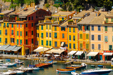 PORTOFINO, ITALY - MAY 4, 2016: Beautiful view of Portofino, an Italian fishing village, Genoa province, Italy. A vacation resort with a picturesque harbour and with celebrity and artistic visitors.のeditorial素材