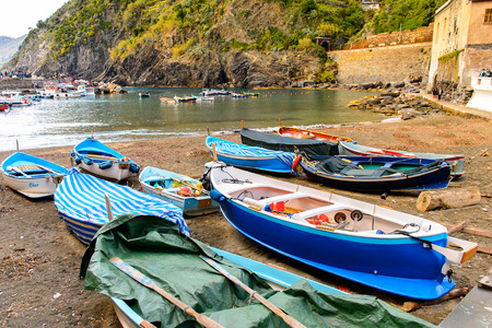 VERNAZZA, ITALY - MAY 5, 2016: Boats on the coast of Vernazza (Vulnetia), a small town in province of La Spezia, Liguria, Italy. It's one of the lands of Cinque Terre, UNESCO World Heritage Sitのeditorial素材