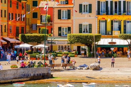 PORTOFINO, ITALY - MAY 4, 2016: Beautiful view of Portofino, an Italian fishing village, Genoa province, Italy. A vacation resort with a picturesque harbour and with celebrity and artistic visitors.のeditorial素材