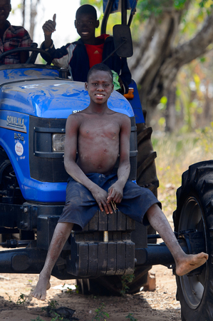 KARA REG., TOGO - JAN 14, 2017: Unidentified Konkomba children sit on the tractor in the village. Konkombas are ethnic group of Togoのeditorial素材