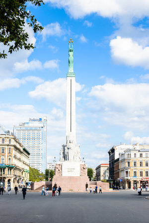 RIGA, LATVIA - SEP 7, 2014: Freedom Monument in Riga, Latvia. Riga is the capital and largest city of Latviaのeditorial素材